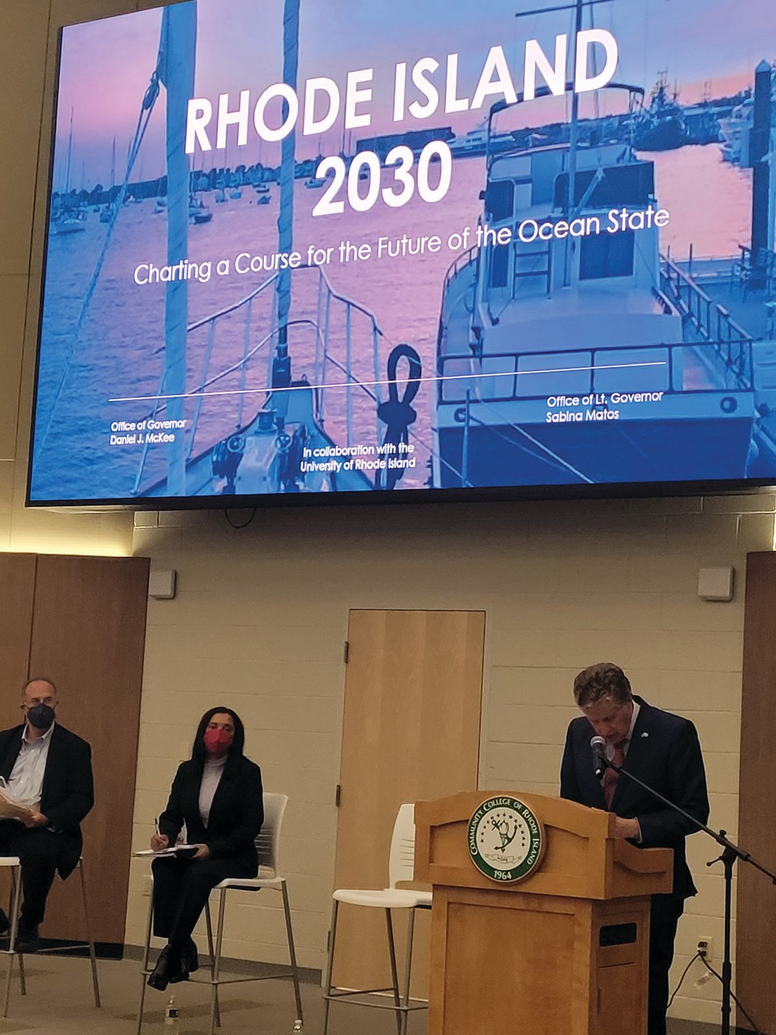 PUBLIC INPUT: Rhode Island Gov. Dan McKee addressed the crowd gathered to give public input on his administration’s RI 2030 plan.